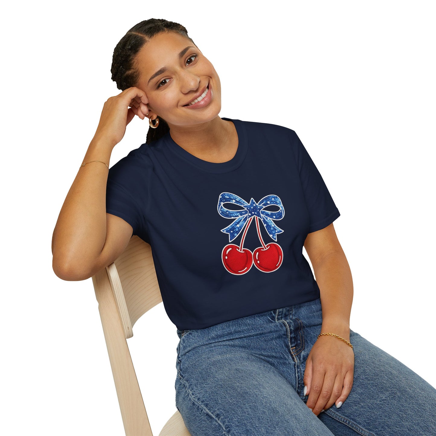 Cherry Graphic T-Shirt — Vintage Red Cherries with Blue Bow