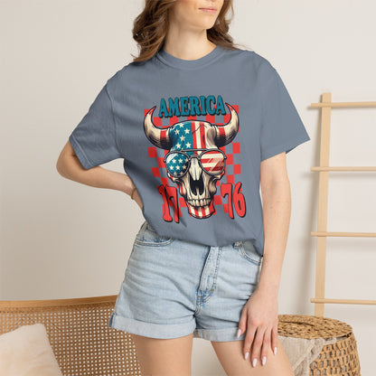 America 1776 Bull Skull T-Shirt — Patriotic Flag Graphic Tee for 4th of July