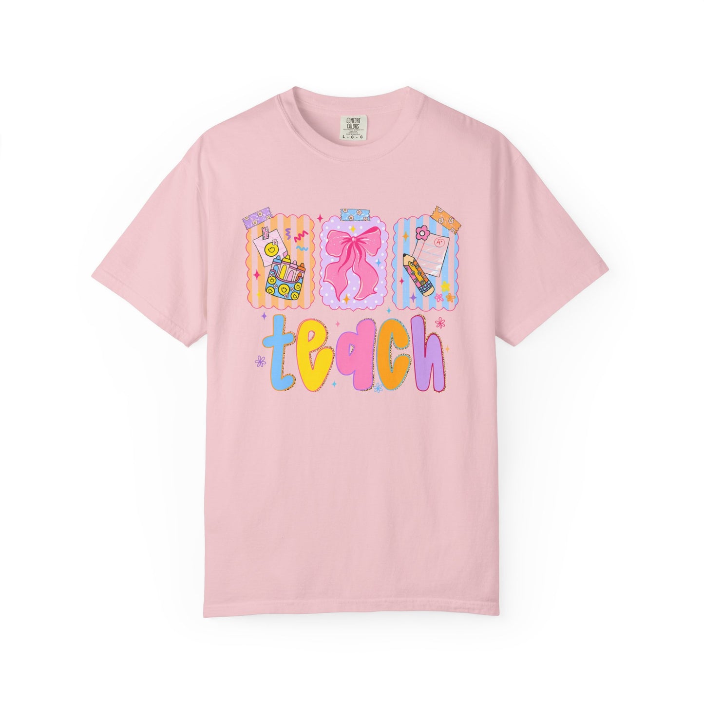 Teacher Gift T‑Shirt — Colorful 'Teach' Classroom Apple & Supplies Design
