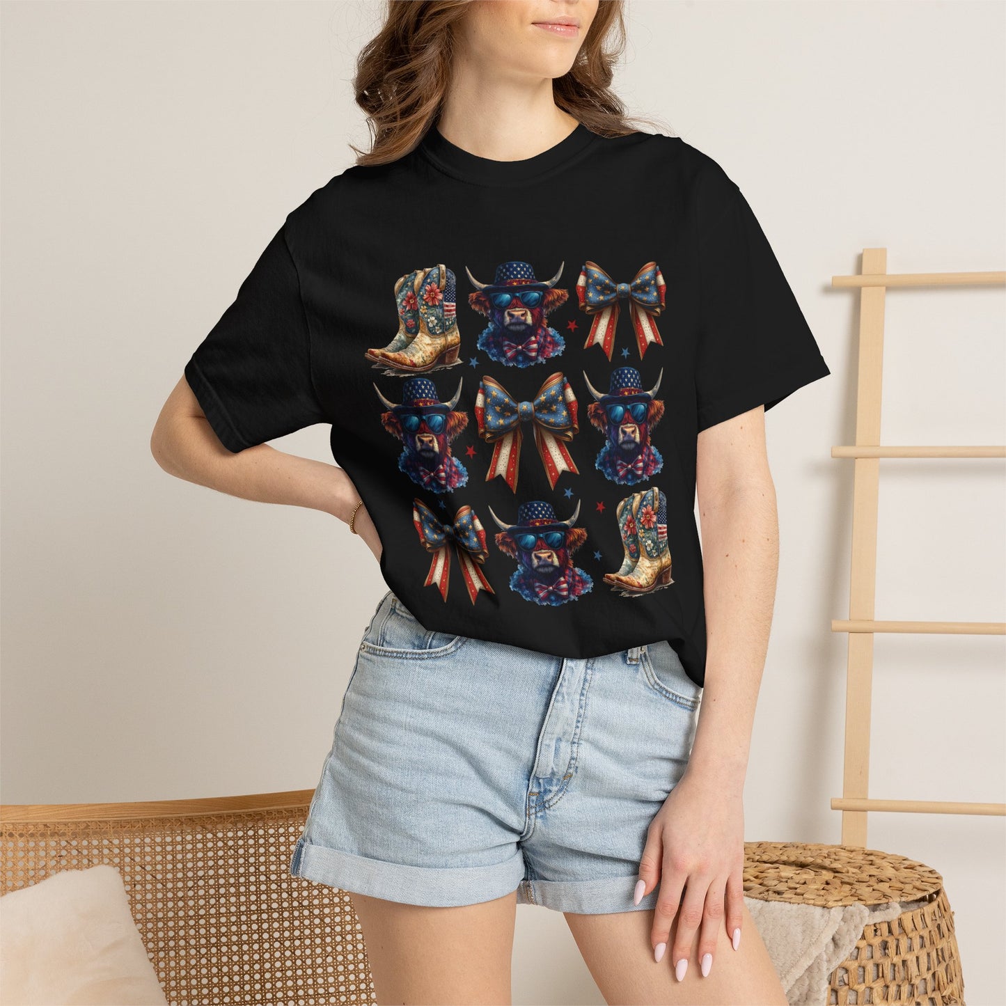 Patriotic Cowboy Icons T-Shirt — Western Boots, Hats & Bows Graphic Tee