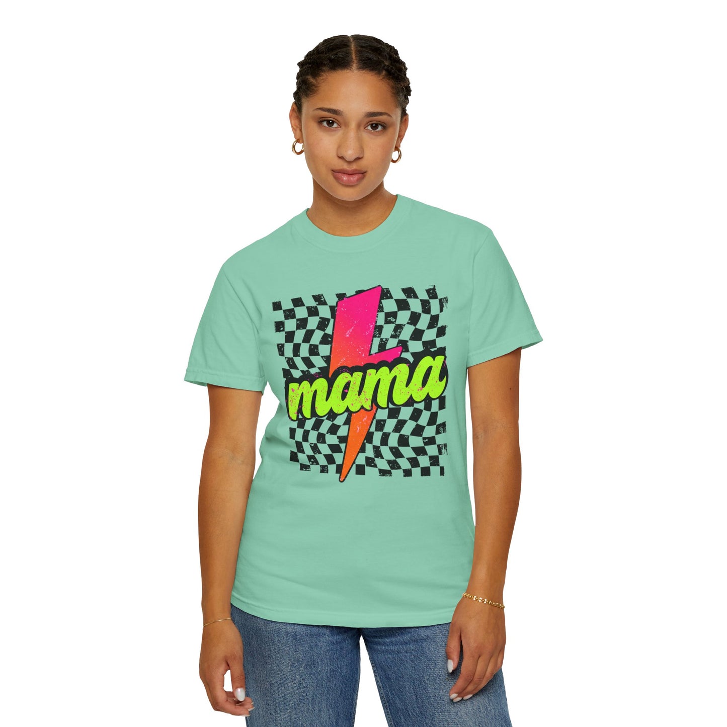 Mama Lightning Bolt T-Shirt — Retro Neon Checkered Graphic Tee for Moms