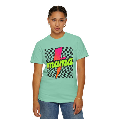 Mama Lightning Bolt T-Shirt — Retro Neon Checkered Graphic Tee for Moms