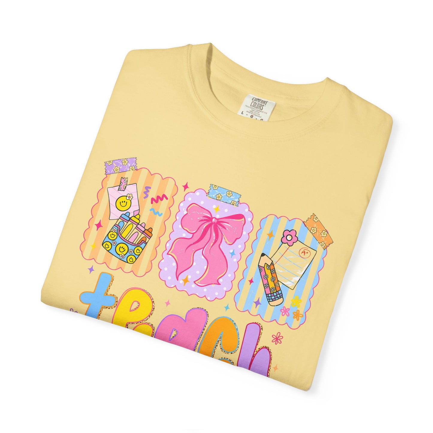 Teacher Gift T‑Shirt — Colorful 'Teach' Classroom Apple & Supplies Design