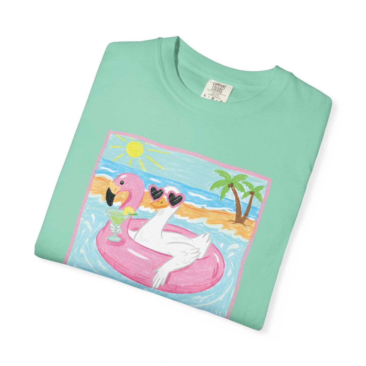 Summer Flamingo Pool Float T-Shirt – ‘Good Vibes & Sunshine’ Beach Tee