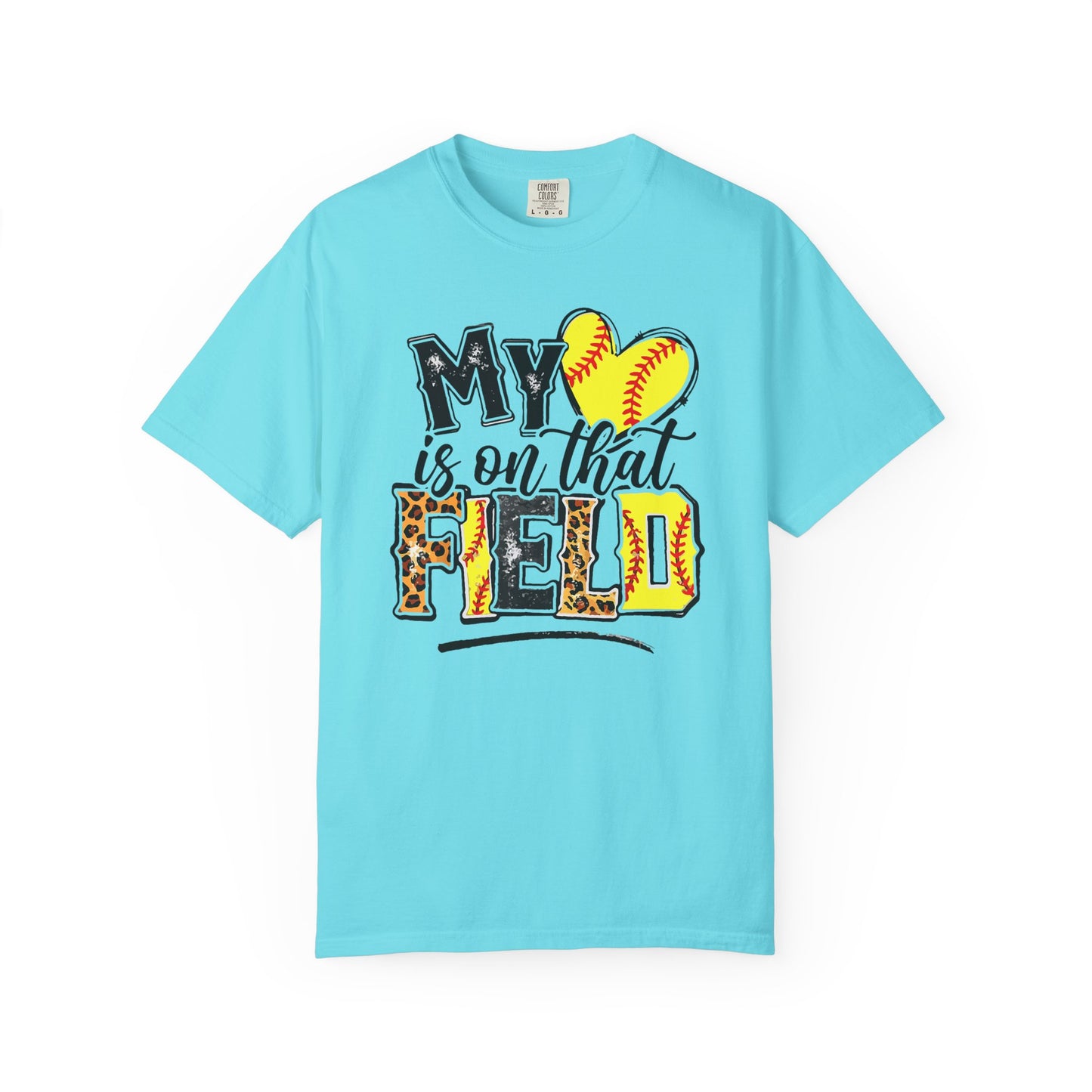 Softball Mom T-Shirt - "My Heart is on That Field" Leopard Stitch Design
