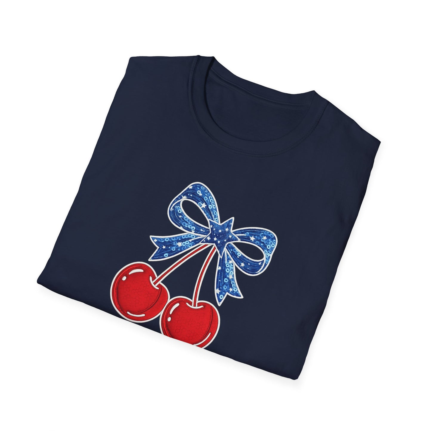 Cherry Graphic T-Shirt — Vintage Red Cherries with Blue Bow