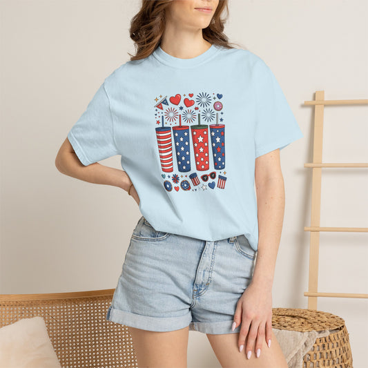 Patriotic Fireworks Cups T-Shirt — USA 4th of July Graphic Tee