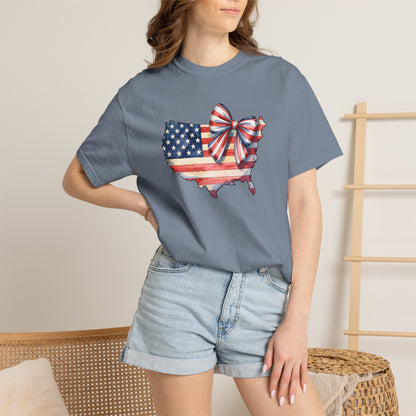 USA Flag Map T‑Shirt with Patriotic Bow — Fourth of July American Pride Tee