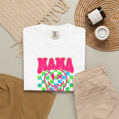 Mama Meltdown Graphic T-Shirt — Neon Checkerboard Drip Design