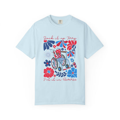 Fourth of July Beach Wheelchair T-Shirt — Patriotic Floral "Pack it up, Jerry" Tee