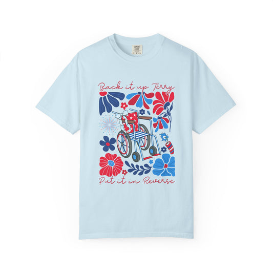 Fourth of July Beach Wheelchair T-Shirt — Patriotic Floral "Pack it up, Jerry" Tee
