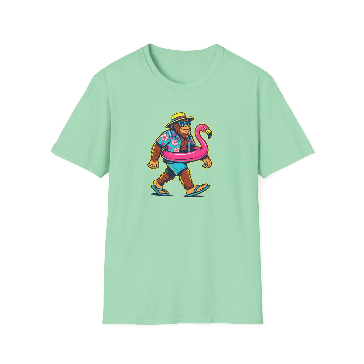 Beach Vacation Bigfoot Tee — Funny Sasquatch with Flamingo Float Shirt