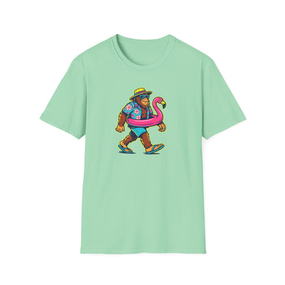 Beach Vacation Bigfoot Tee — Funny Sasquatch with Flamingo Float Shirt
