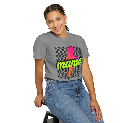 Mama Lightning Bolt T-Shirt — Retro Neon Checkered Graphic Tee for Moms