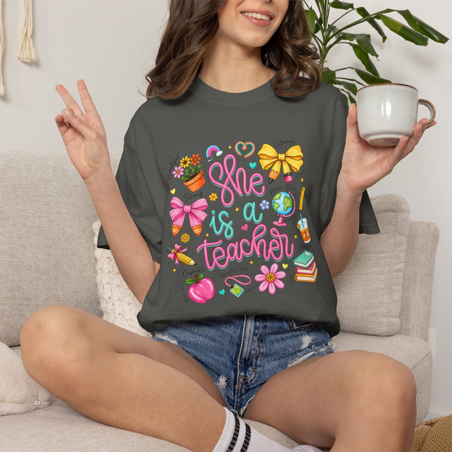 Teacher T-Shirt — "She is a Teacher" Cute School Supplies Design