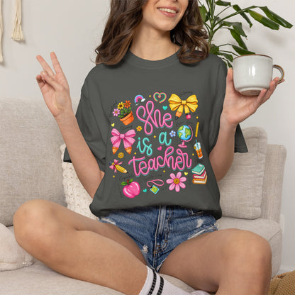 Teacher T-Shirt — "She is a Teacher" Cute School Supplies Design