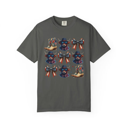 Patriotic Cowboy Icons T-Shirt — Western Boots, Hats & Bows Graphic Tee