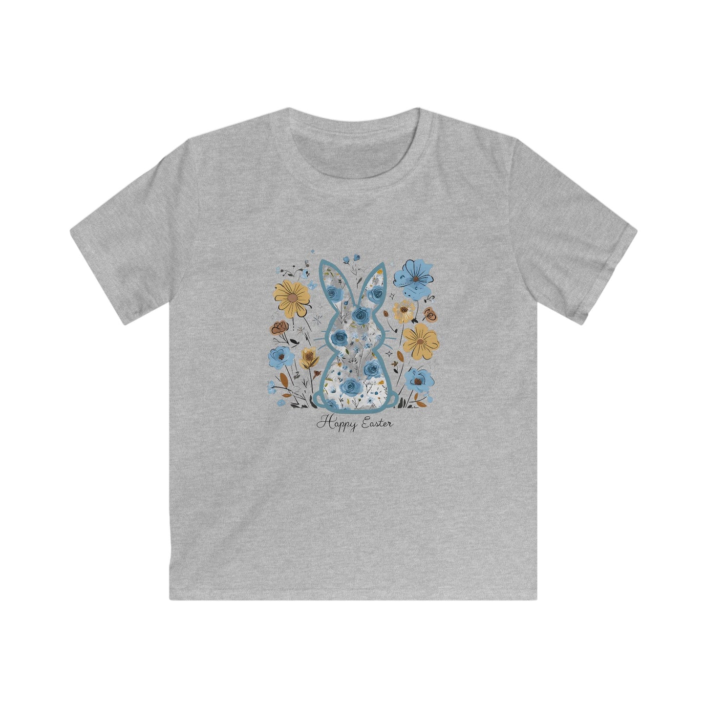 Kids Tee — Floral Blue Bunny "Happy Easter" Shirt