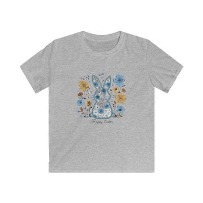 Kids Tee — Floral Blue Bunny "Happy Easter" Shirt