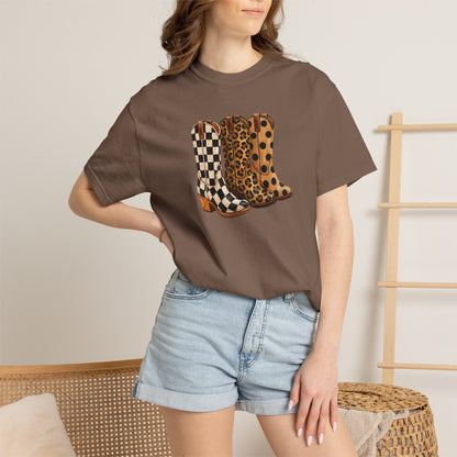 Cowgirl Boots Graphic T-Shirt — Checker & Leopard Print Western Tee