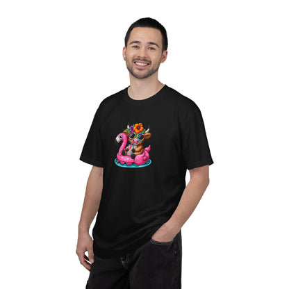 Cute cow on Pink Flamingo Float Graphic T-Shirt — Summer Pool Party Tee