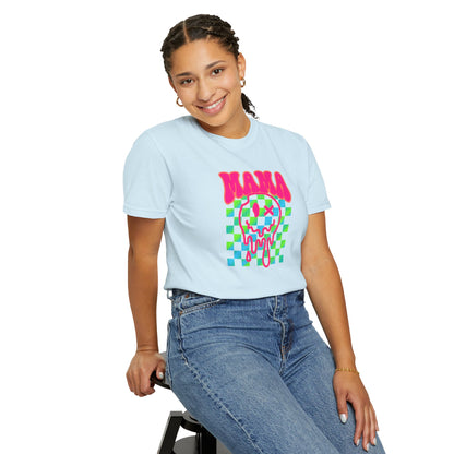 Mama Meltdown Graphic T-Shirt — Neon Checkerboard Drip Design
