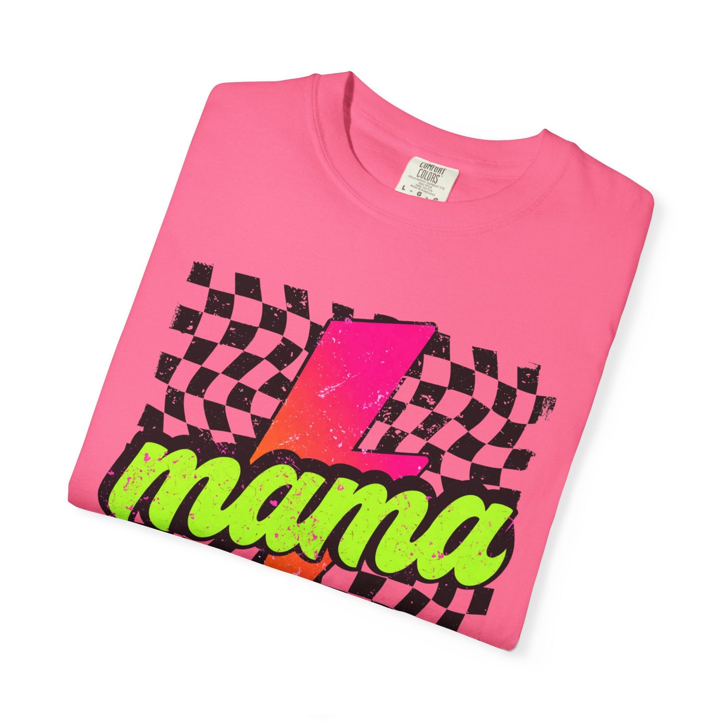 Mama Lightning Bolt T-Shirt — Retro Neon Checkered Graphic Tee for Moms