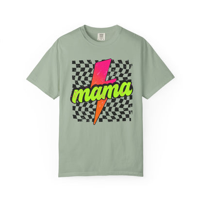 Mama Lightning Bolt T-Shirt — Retro Neon Checkered Graphic Tee for Moms