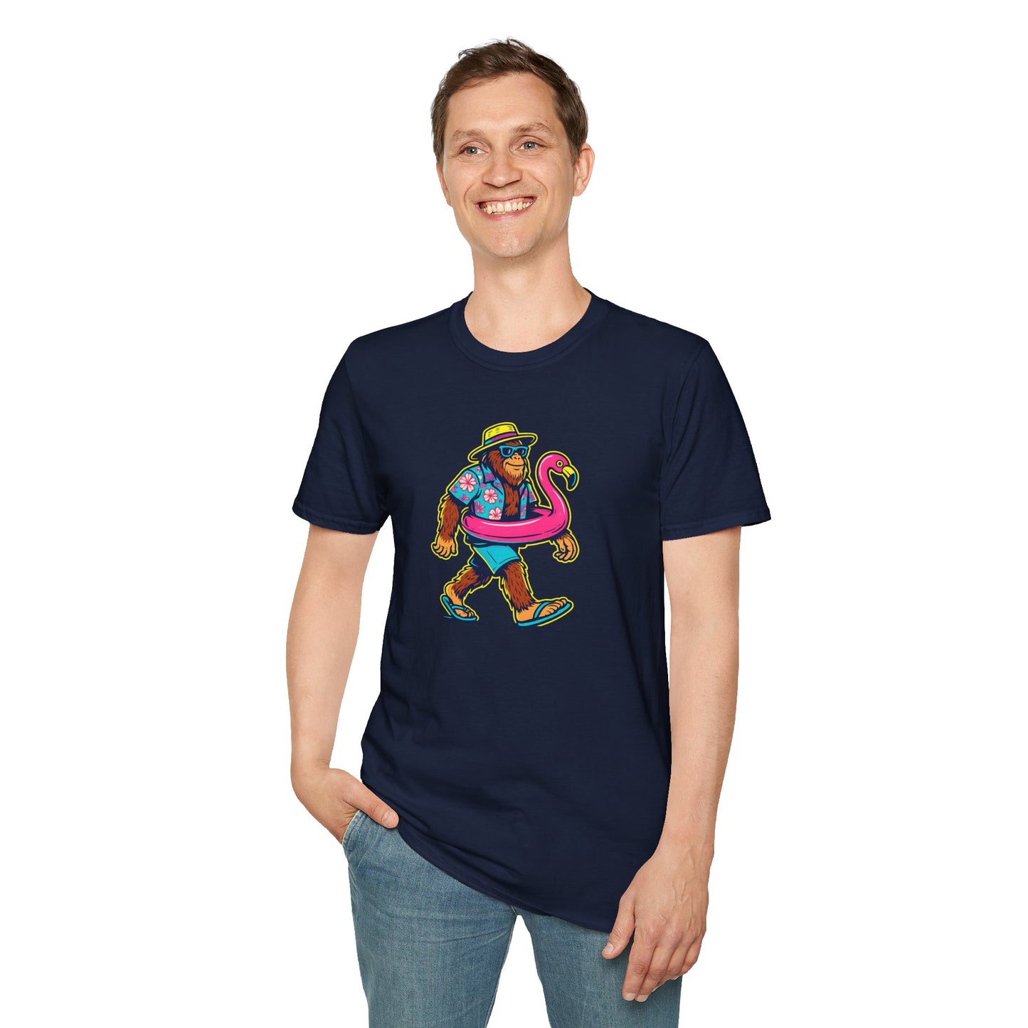 Beach Vacation Bigfoot Tee — Funny Sasquatch with Flamingo Float Shirt