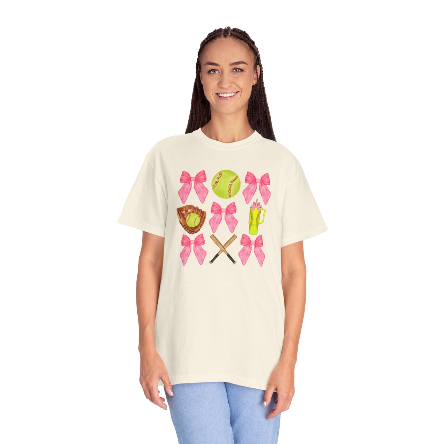Softball Mom Graphic T‑Shirt — Pink Bows, Glove & Bat Design