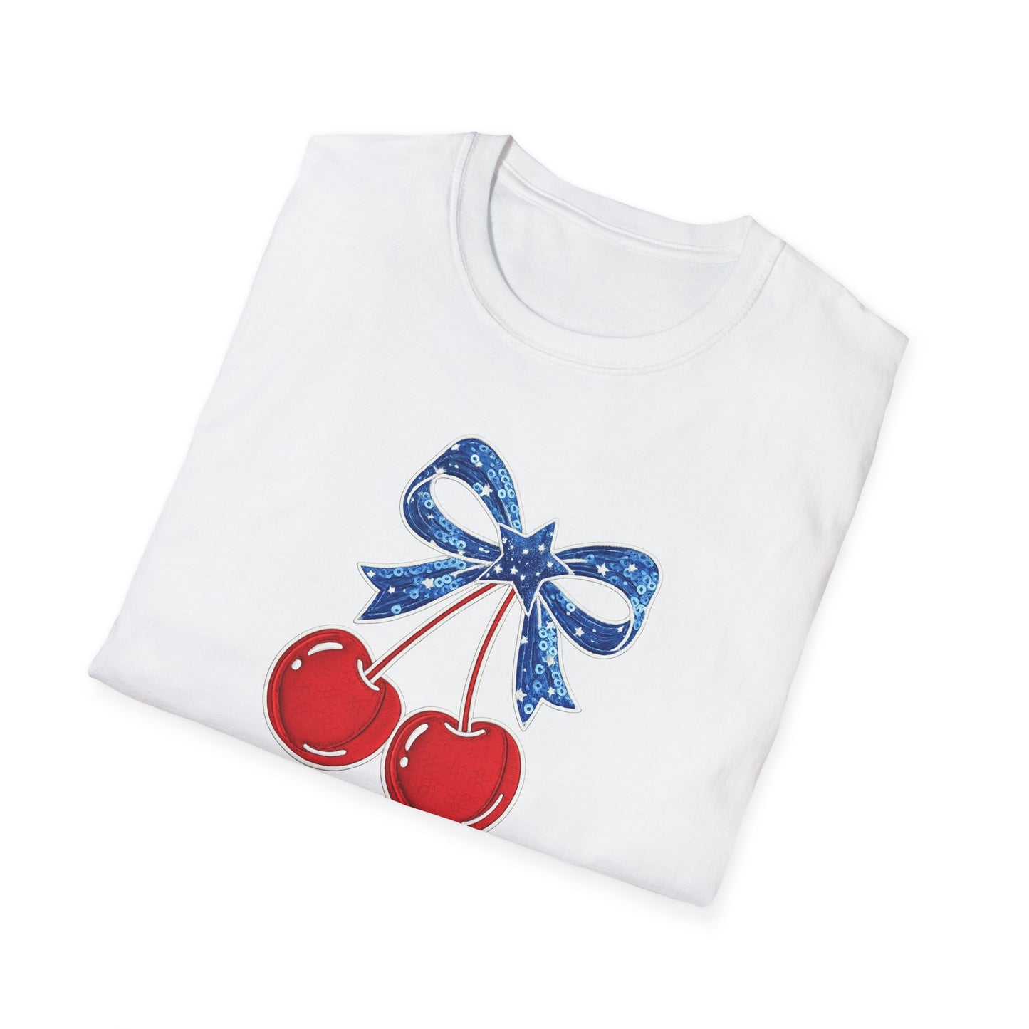 Cherry Graphic T-Shirt — Vintage Red Cherries with Blue Bow