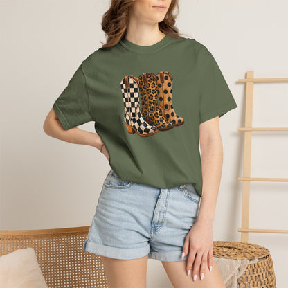 Cowgirl Boots Graphic T-Shirt — Checker & Leopard Print Western Tee
