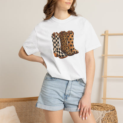 Cowgirl Boots Graphic T-Shirt — Checker & Leopard Print Western Tee