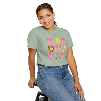 Softball Mom Graphic T‑Shirt — Pink Bows, Glove & Bat Design