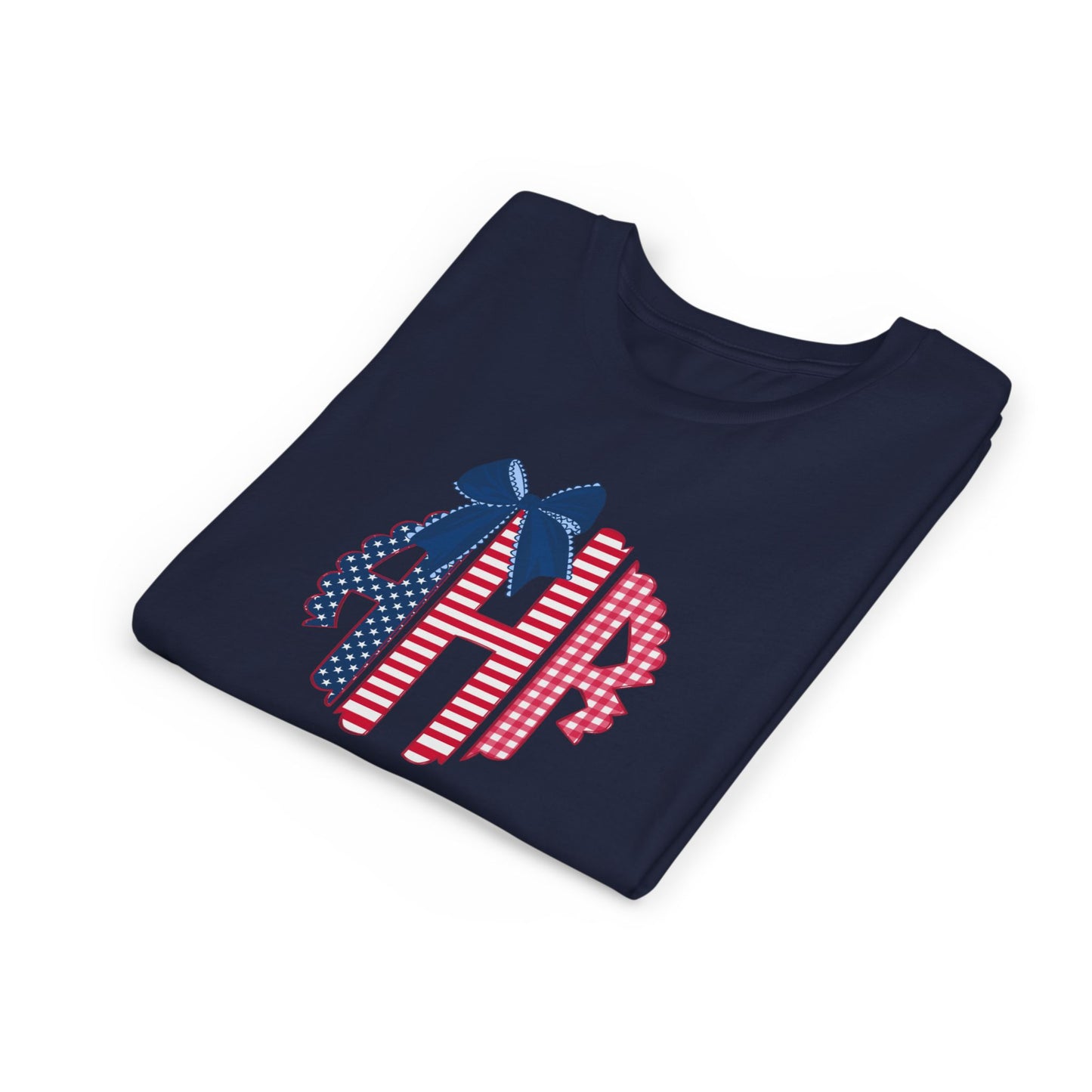 Youth Tee - American Flag Monogram with Bow (Patriotic 4th of July)
