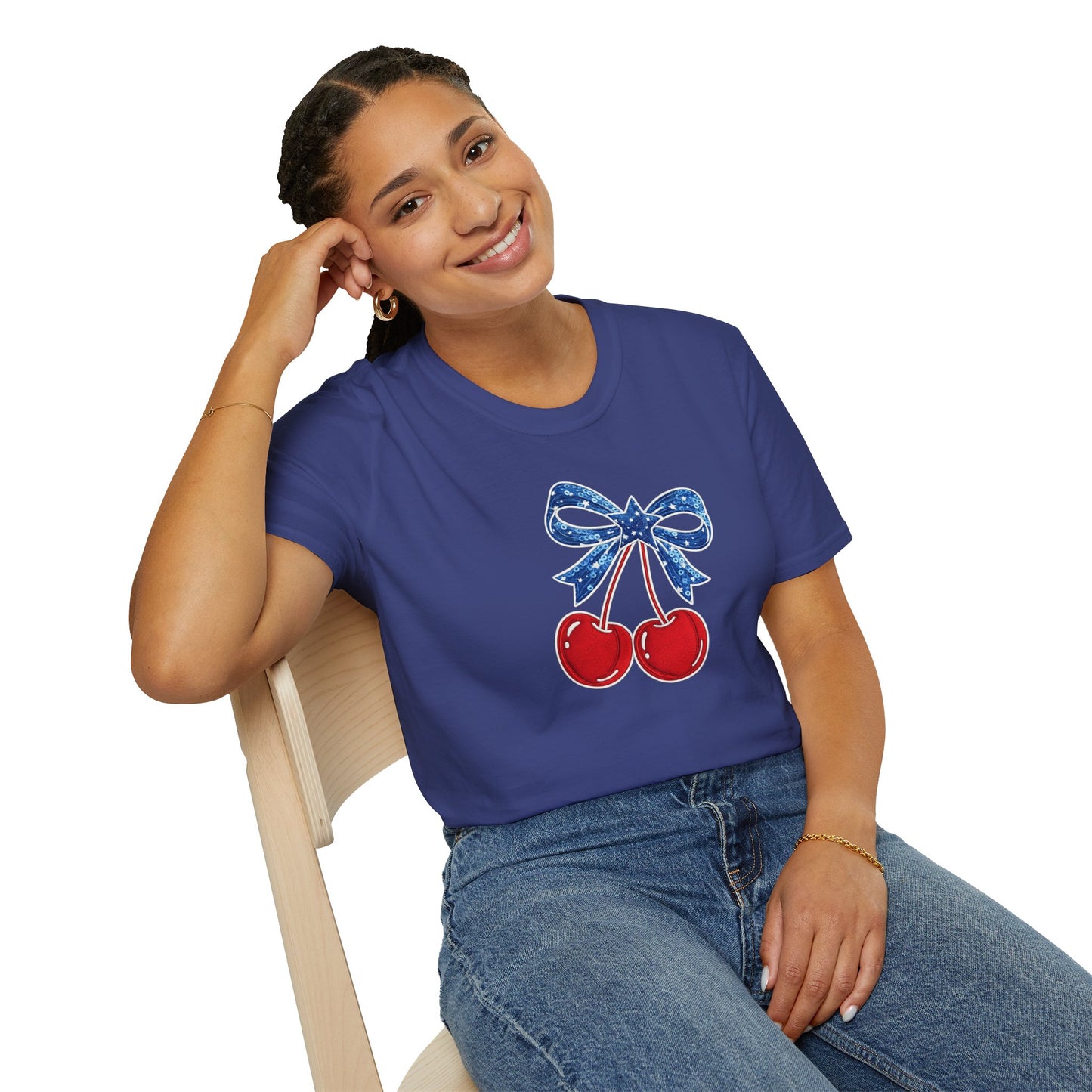 Cherry Graphic T-Shirt — Vintage Red Cherries with Blue Bow