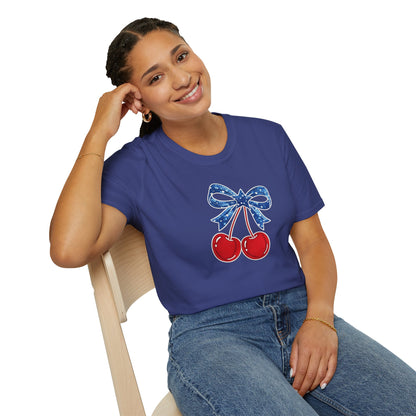 Cherry Graphic T-Shirt — Vintage Red Cherries with Blue Bow