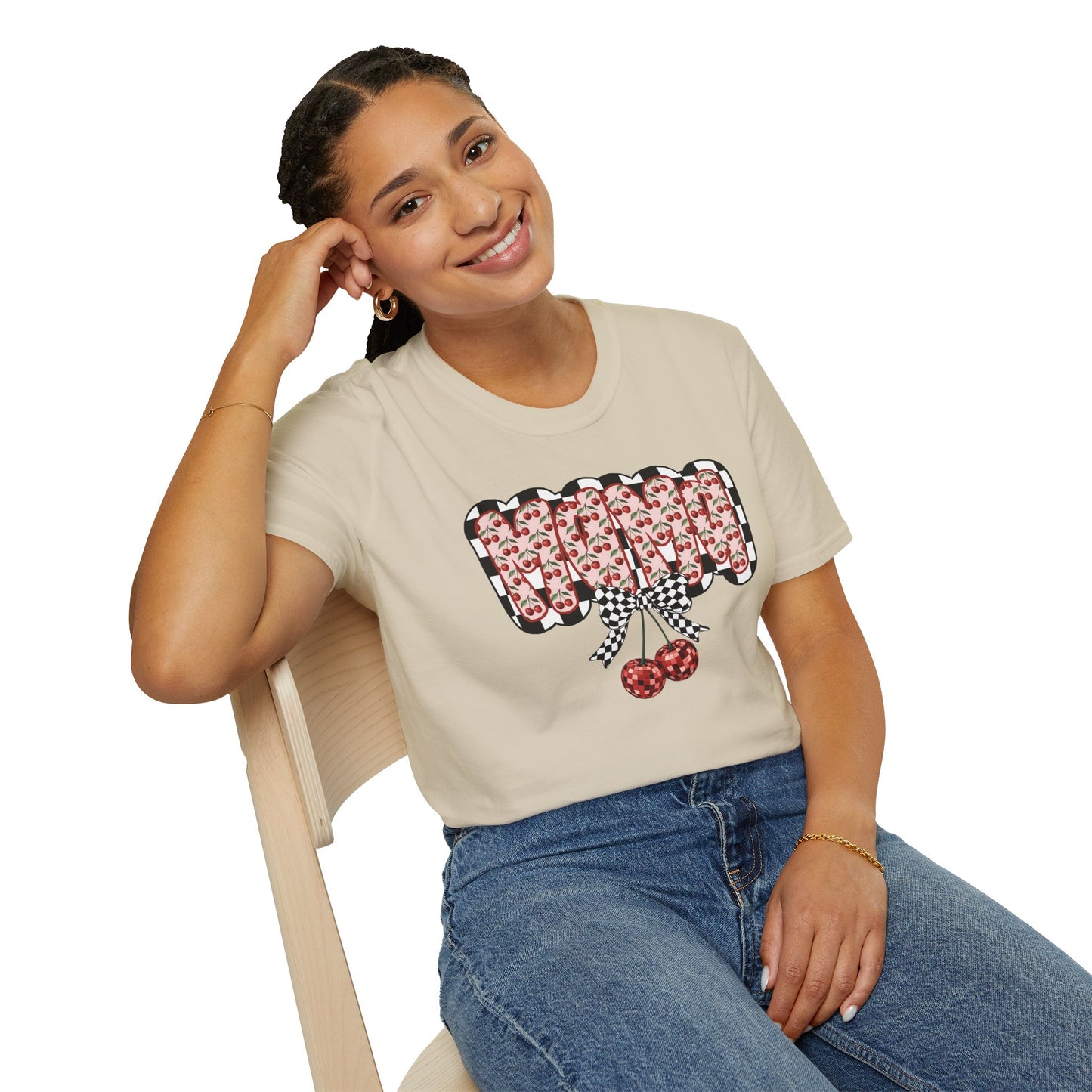 Cherry Pattern Graphic T-Shirt — Checker Bow & Double Cherries Design