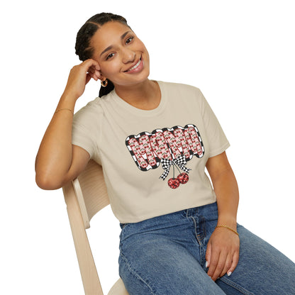 Cherry Pattern Graphic T-Shirt — Checker Bow & Double Cherries Design