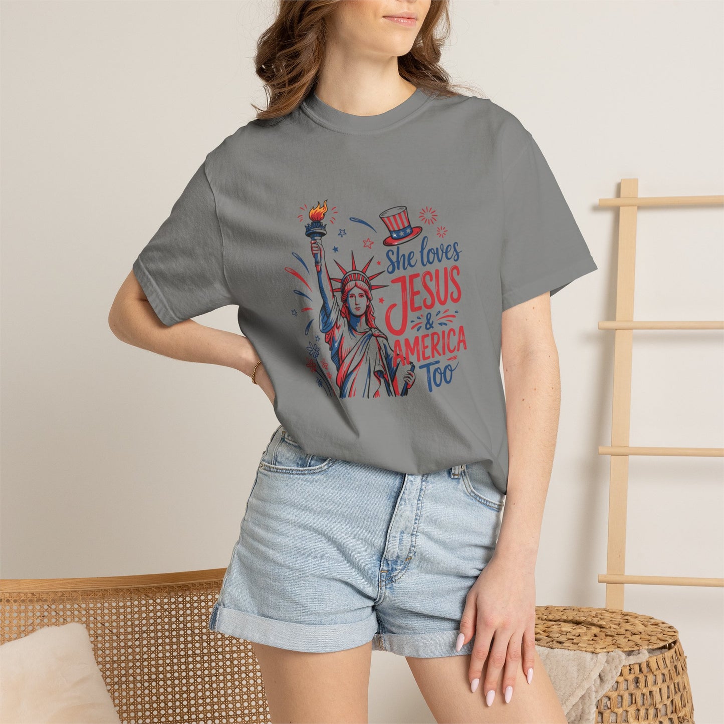She Loves Jesus & America Tee — Patriotic Statue of Liberty Christian T-Shirt