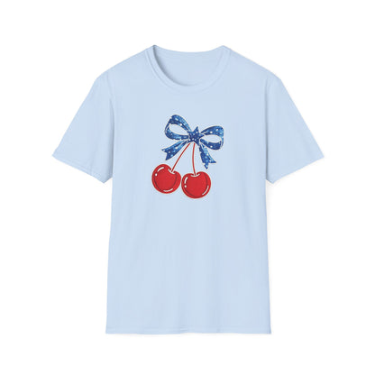 Cherry Graphic T-Shirt — Vintage Red Cherries with Blue Bow