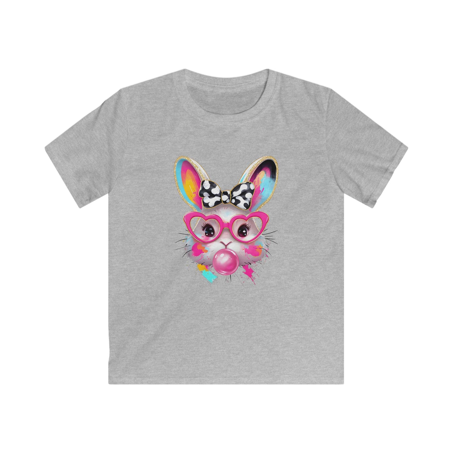 Kids Bunny Bubblegum Tee — Colorful Bunny with Glasses & Bow Kids T-Shirt