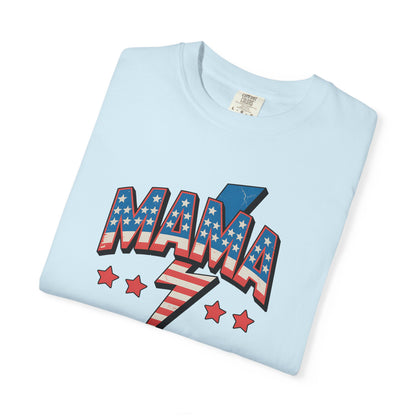 Mama Lightning Bolt Graphic Tee — Patriotic Stars & Stripes Mom T-Shirt