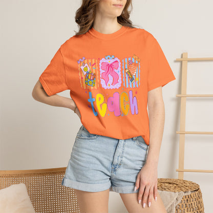Teacher Gift T‑Shirt — Colorful 'Teach' Classroom Apple & Supplies Design