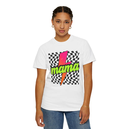 Mama Lightning Bolt T-Shirt — Retro Neon Checkered Graphic Tee for Moms