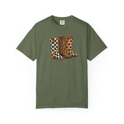 Cowgirl Boots Graphic T-Shirt — Checker & Leopard Print Western Tee