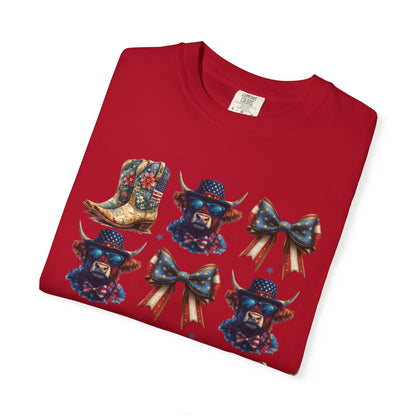 Patriotic Cowboy Icons T-Shirt — Western Boots, Hats & Bows Graphic Tee