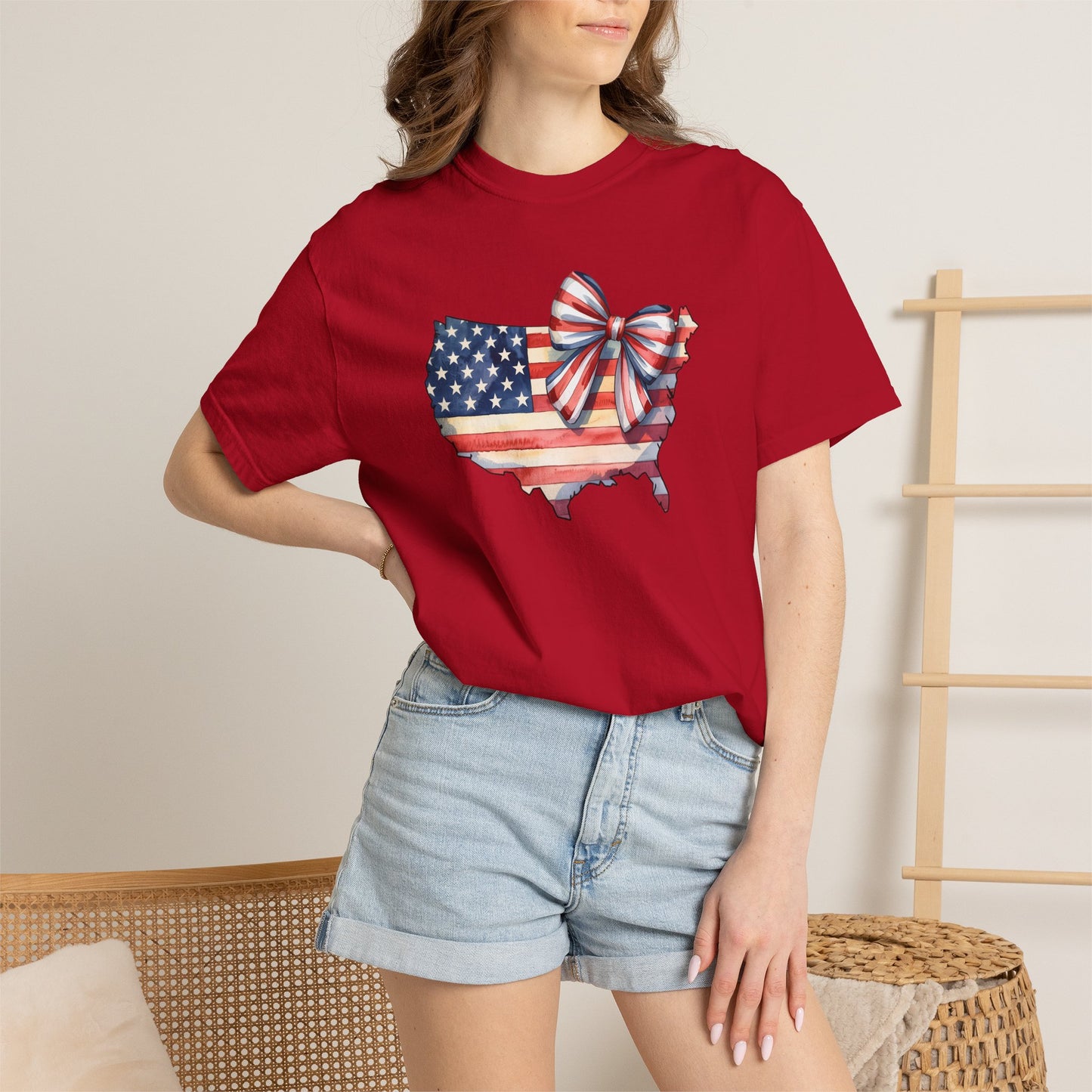 USA Flag Map T‑Shirt with Patriotic Bow — Fourth of July American Pride Tee