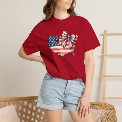 USA Flag Map T‑Shirt with Patriotic Bow — Fourth of July American Pride Tee