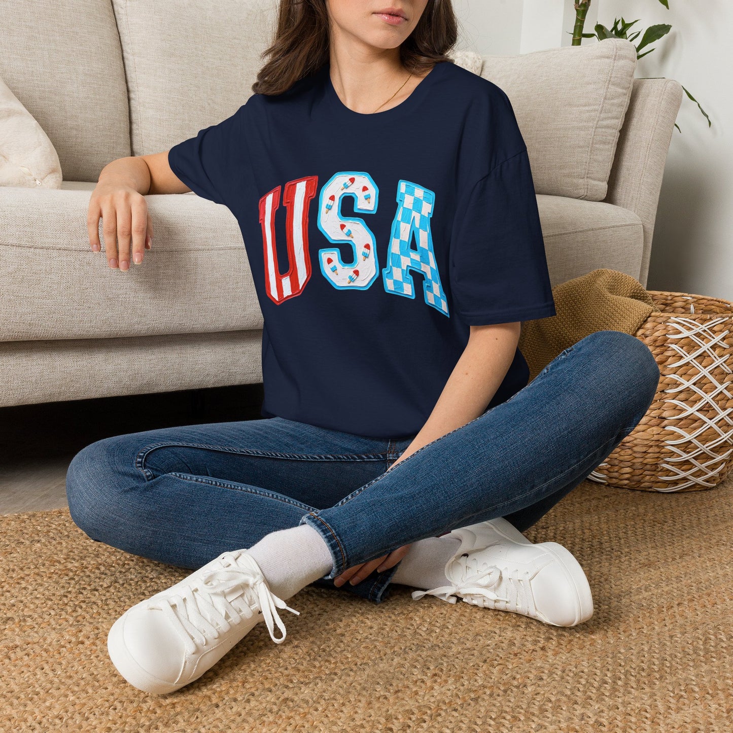 USA Patriotic T-Shirt — Red White & Blue Lettering Tee
